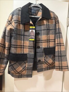 Pendleton Women’s plaid Barn Coat Camel and Gray with Black Trim